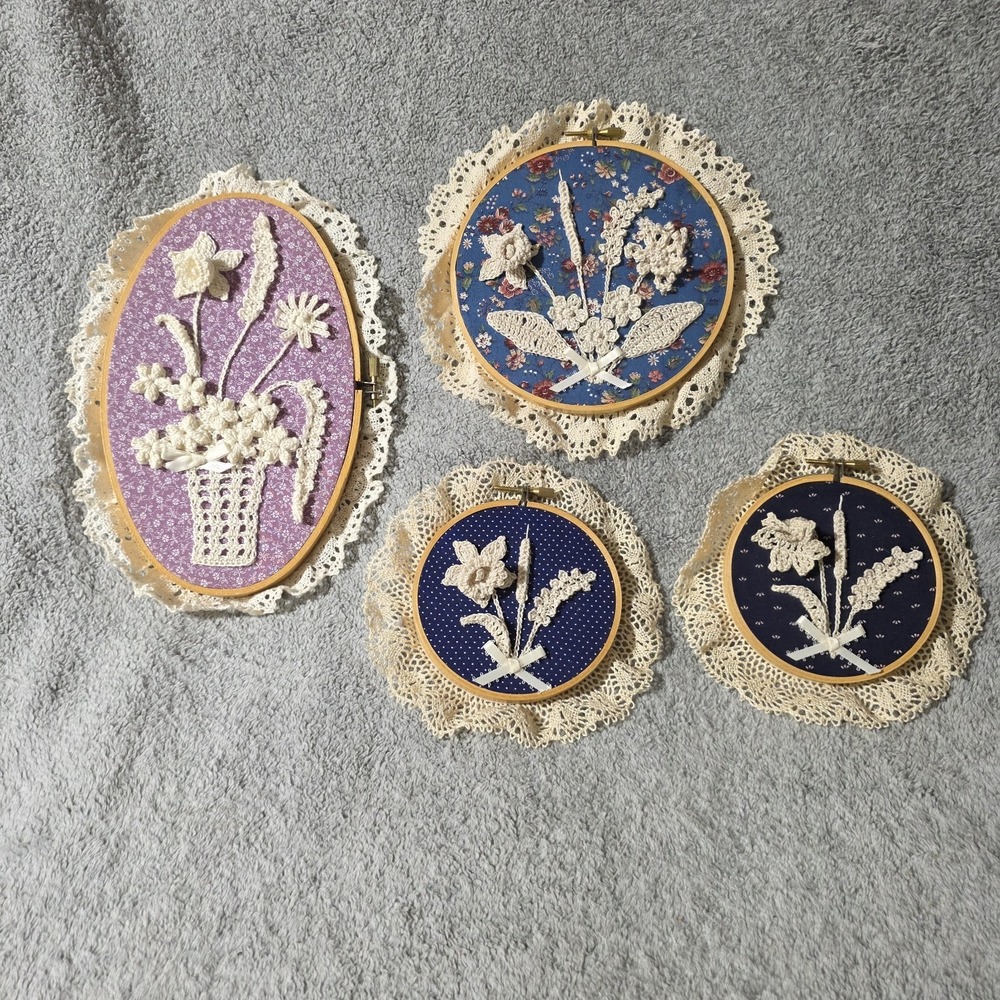 Vintage Set Of 4 Embroidered Hoopes Crocheted Lace Accents